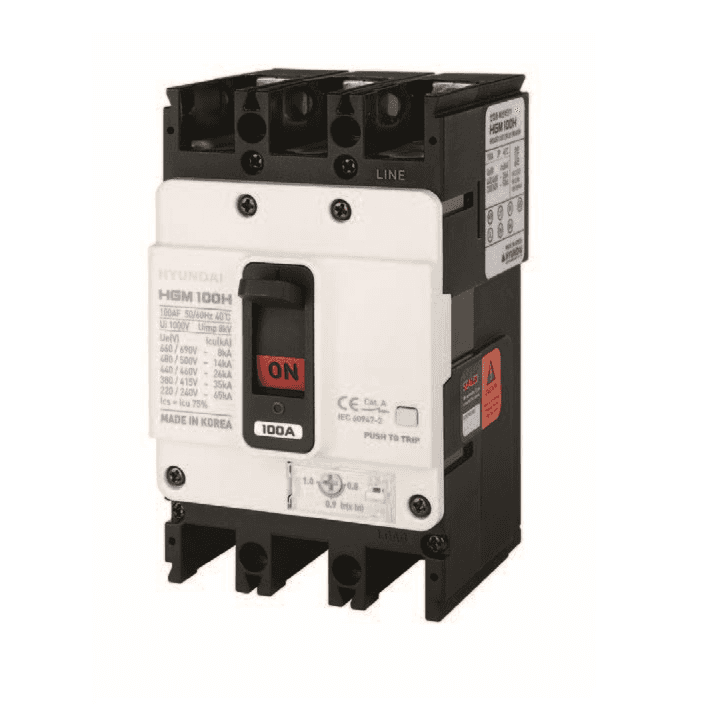 Interruptor automático em caixa moldada Hyundai HGM100 3P 32A 690V com referência HGM100-H3P032F à marca HYUNDAI