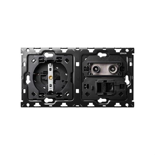 Back kit for 2 elements with 1 Schuko socket base and 1 R-TV+SAT single outlet with 1 RJ45 6 UTP connector Simon 100 with reference 10010208-039 from the brand SIMON