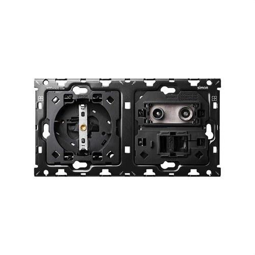 Kit traseiro para 2 elementos com 1 base de tomada schuko e 1 tomada R-TV+SAT única com 1 conector RJ45 6 UTP Simon 100 com referência 10010208-039 à marca SIMON