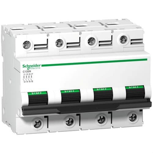 Acti9 C120N 4P 125 A D Curve 10000 A 10 kA Circuit Breaker with reference A9N18393 from the brand SCHNEIDER ELECTRIC