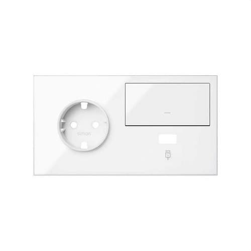 Front kit for 2 elements with 1 schuko socket base, 1 key and 1 USB charger left glossy white Simon 100 with reference 10020207-130 from the brand SIMON