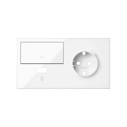 Front kit for 2 elements with 1 Schuko socket base, 1 key and 1 USB charger right glossy white Simon 100 with reference 10020206-130 from the brand SIMON