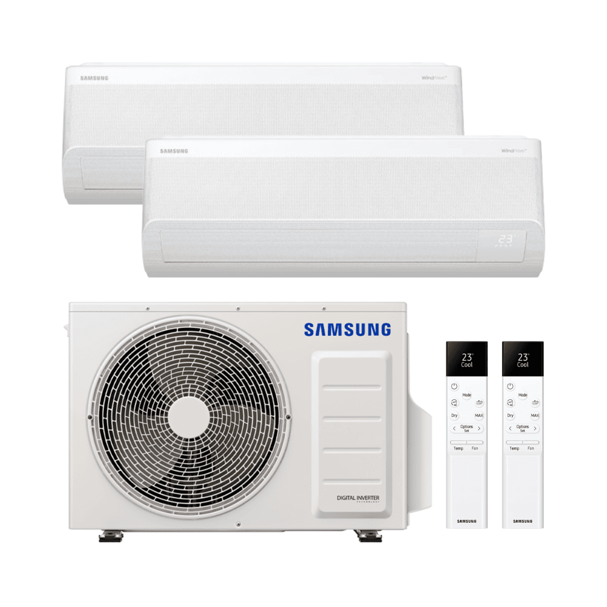 Ar condicionado 2x1 com wifi Samsung WindFree Comfort S2 2,5 kW + 5,0 kW com referência KITSAMWFCS209+18 à marca SAMSUNG