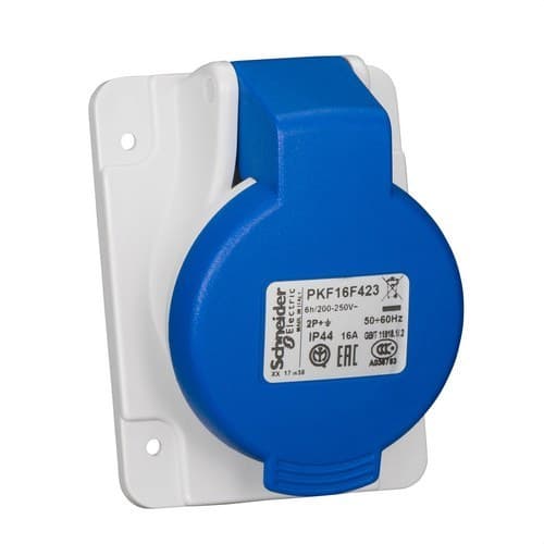 65X85 Flush-Mount Angled Socket Base 16A 2P+E 200-250V IP44 Blue with reference PKF16F423 from the brand SCHNEIDER ELECTRIC